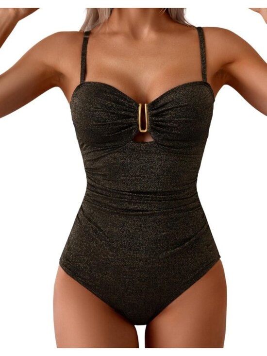 Eomenie Other - Eomenie One Piece Swimsuit, Cutout U Wire, Black with Gold shimmer, Medium